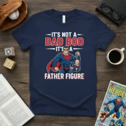 T-shirt with "It's Not a Dad Bod It's a Father Figure" text and a superhero graphic holding a baby