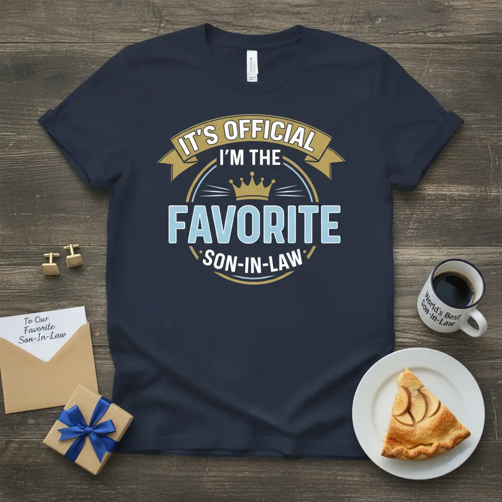 IT'S OFFICIAL I'M THE FAVORITE SON-IN-LAW eye-catching design printed on comfortable cotton fabric creating a standout t-shirt