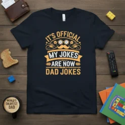 IT'S OFFICIAL MY JOKES ARE NOW DAD JOKES text design with mustache and glasses graphic on a navy t-shirt