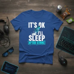 It's Ok I'll Sleep After Strike text and rocket graphic on a blue t-shirt, designed for gamers
