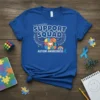 Blue t-shirt design with "It's Ok To Be Different Support Squad Autism Awareness" text and colorful puzzle pieces graphic
