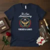 Navy blue t-shirt with white text "It's Our Anniversary FOREVER & ALWAYS" and a graphic of hands holding a diamond