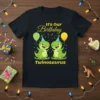 It's Our Birthday Twinosaurus t-shirt design featuring two cute cartoon dinosaurs holding balloons and wearing party hats