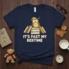 It's Past My Bedtime text with a sleepy owl on books graphic, navy blue t-shirt