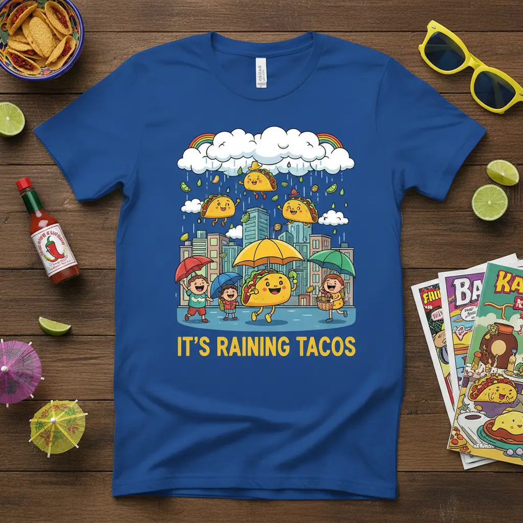 It's Raining Tacos graphic tee with cute tacos falling from clouds and children with umbrellas in a city scene