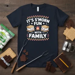 It's S'Morn Fun With Family t-shirt with cute s'mores characters and campfire graphic