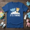 It's Twins t-shirt design with a blue elephant and yellow giraffe on a cloud