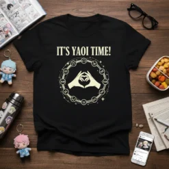 Black t-shirt with "IT'S YAOI TIME!" text and a circular zodiac-like design featuring hand gestures and the word "Yaoi"
