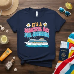 T-shirt design with text "It's a Beautiful Day for Cruising" and a graphic of a cruise ship