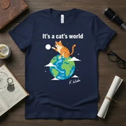 It's a cat's world t-shirt featuring an orange tabby cat sitting on planet Earth, with text above and a signature