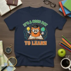 It's a Good Day to Learn quote on a navy t-shirt with a cartoon owl reading a book, holding a
