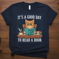 Navy t-shirt with "It's a Good Day to Read a Book" text and a cartoon cat wearing glasses reading a