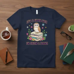 It's A Good Day To Read A Book text design with a cute owl sitting on books, surrounded by flowers