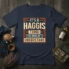 Navy t-shirt with "It's A Haggis Thing You Wouldn't Understand" text in bold, vintage-style lettering with Celtic knot borders