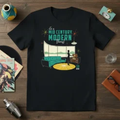 Black t-shirt featuring "It's a Mid Century Modern Thing!" text with retro living room scene, record player, and 33 RPM
