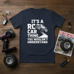 Navy blue t-shirt with white text "IT'S A RC CAR THING YOU WOULDN'T UNDERSTAND" and graphic of an RC car