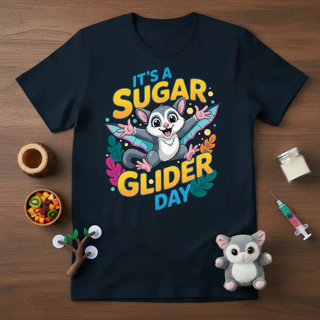 It's A Sugar Glider Day text featuring a happy cartoon sugar glider with outstretched wings