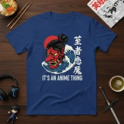 T-shirt with Japanese Oni mask and wave design, featuring the text "IT'S AN ANIME THING"