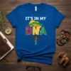 It's In My DNA text with African map and DNA graphic on a blue t-shirt