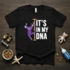It's In My DNA text with a muscular purple cat pole dancing on a gold pole, black t-shirt design
