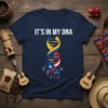 Puerto Rican DNA helix t-shirt with "IT'S IN MY DNA" text, featuring flag colors and star graphic