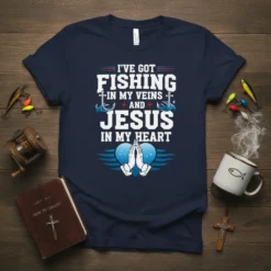 Christian fishing t-shirt with text "I've Got Fishing In My Veins And Jesus In My Heart" and praying hands graphic