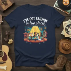 T-shirt design featuring the quote "I've Got Friends in Low Places" with cartoon dogs at a bar