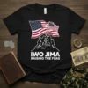 Iwo Jima Raising The Flag t-shirt design featuring silhouettes raising the American flag on a hill, with bold white text