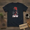 IWW Union Panther T-Shirt design with black panther breaking chains in front of a red fist, text "IWW" below