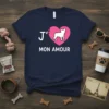 Navy t-shirt with white text "J' Mon Amour" and a pink heart graphic containing a white French Bulldog silhouette