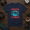 Navy t-shirt with red text "J peux pas j'ai console" and a blue video game controller graphic