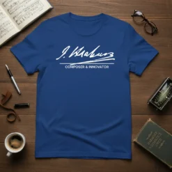 J. Brahms Composer & Innovator text in white signature and block letters on a royal blue t-shirt