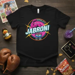 Black t-shirt featuring the Jabroni Supuex City Est 1980 wrestling design with a muscular arm, wrestling ring, and retro text