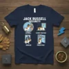 Jack Russell Security T-Shirt with four humorous illustrations of a dog guarding against doorbell, stormy weather, burglar, and fridge door
