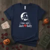 Jack and Sally Halloween Couple T-Shirt featuring the characters under a moon with their names and a red heart