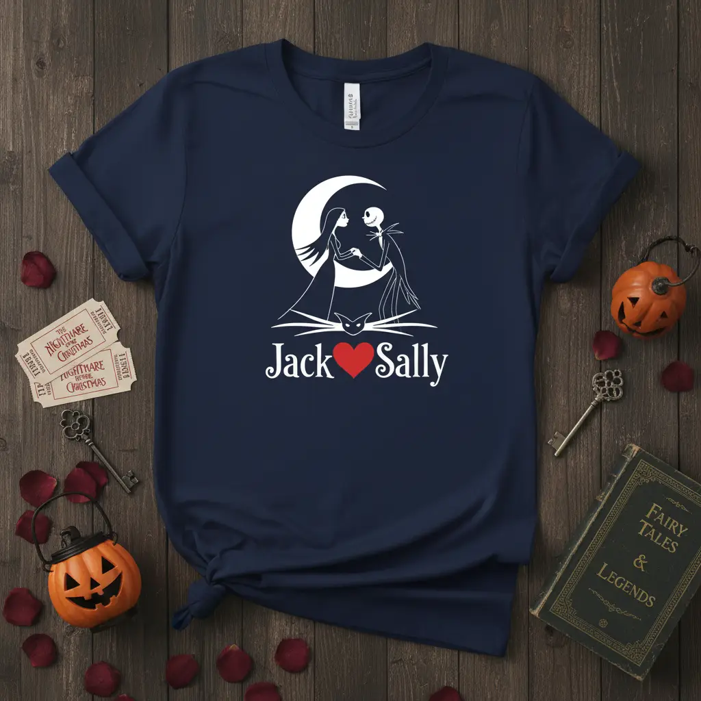 Jack and Sally Halloween Couple T-Shirt design with moon, cat silhouette, and names in white and red