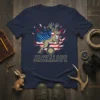 Jackalope leaping in front of an American flag with the word JACKALOPE below, navy blue t-shirt design