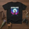 Black t-shirt with a retro vaporwave design featuring a Jackalope creature against a full moon and neon sky