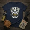 Jacked & Dads Club t-shirt design featuring a muscular bull with wings, dumbbells, and bold text