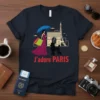 J'adore PARIS t-shirt design with Eiffel Tower, Arc de Triomphe, a woman with an umbrella, and a poodle