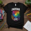 Jaguar Girl T-Shirt with a colorful rainbow jaguar face and ornate floral details