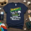 Jamaica Family Trip 2026 Making Unforgettable Memories text and palm tree graphic on a navy t-shirt