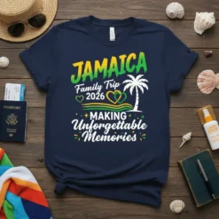 Jamaica Family Trip 2026 Making Unforgettable Memories text and palm tree graphic on a navy t-shirt