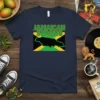 Jamaican Strong t-shirt with green text, Jamaica flag, and black island map outline