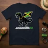 Jamaicasaurus Rex T-Shirt design featuring a black T-Rex dinosaur wearing sunglasses and a gold chain, with the Jamaican flag as