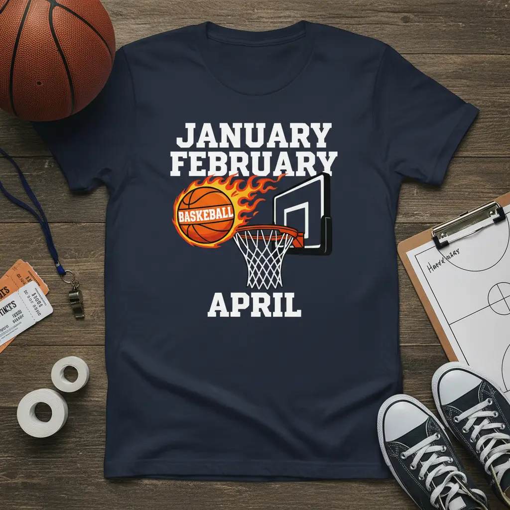 January February Basketball April tee with flaming basketball and net graphic