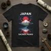 Japan Sacred Peaks t-shirt design featuring Mount Fuji, a red sun, and a reflection in water, with Japanese text