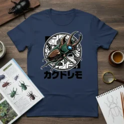 カクドリモ Japanese Beetle T-Shirt featuring a detailed illustration of a rhinoceros beetle with Japanese text below