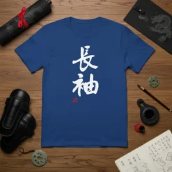 Japanese calligraphy characters 長袖 in white on a blue t-shirt, with a small red seal underneath