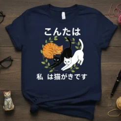 Japanese text "こんにちは私は猫がすきです" with three cartoon cats (orange tabby, black, white) intertwined in a leafy circle on a navy t-shirt
